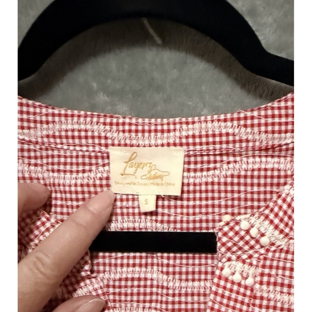 Layerz Clothing Red Gingham Pom Pom Flutter Sleeve Blouse Top Small Cottagecore - Picture 2 of 6